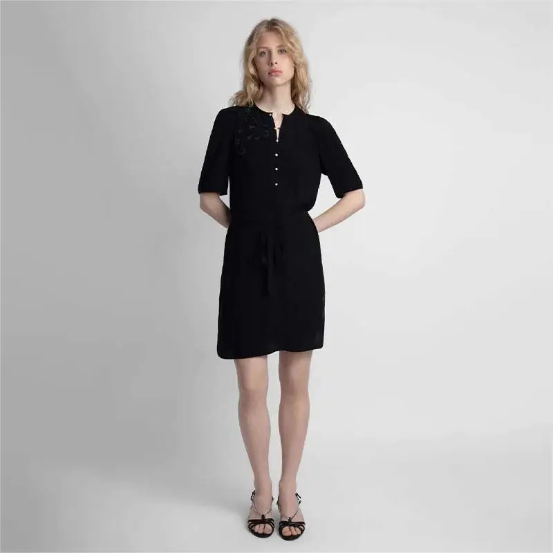 

Zadig Chic Elegant Woman Dress Summer 2023 Black Dresses Diamond Button Short Sleeve Blet Robes Female Viscose Crew Neck Robe