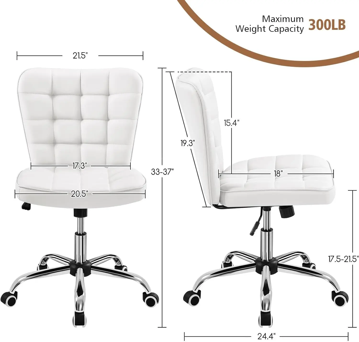 Armless Desk Chair Modern Tufted Office Chair Faux Leather Upholstered Computer Chair w/ Adjustable Seat Height & Rolling Wheels