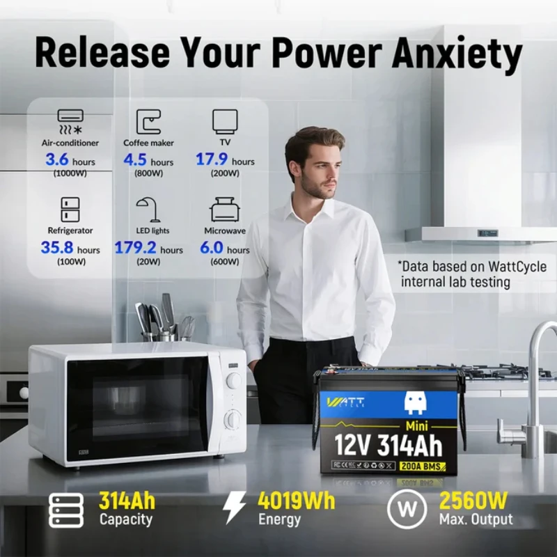 Akumulator litowo-żelazowo-fosforanowy (LiFePO4) Wattcycle 12V 314Ah Mini z BMS 200A, 4,01 kWh energii, do kamperów, łodzi, jachtów, akumulator LiFePO4 o pojemności 300Ah +
