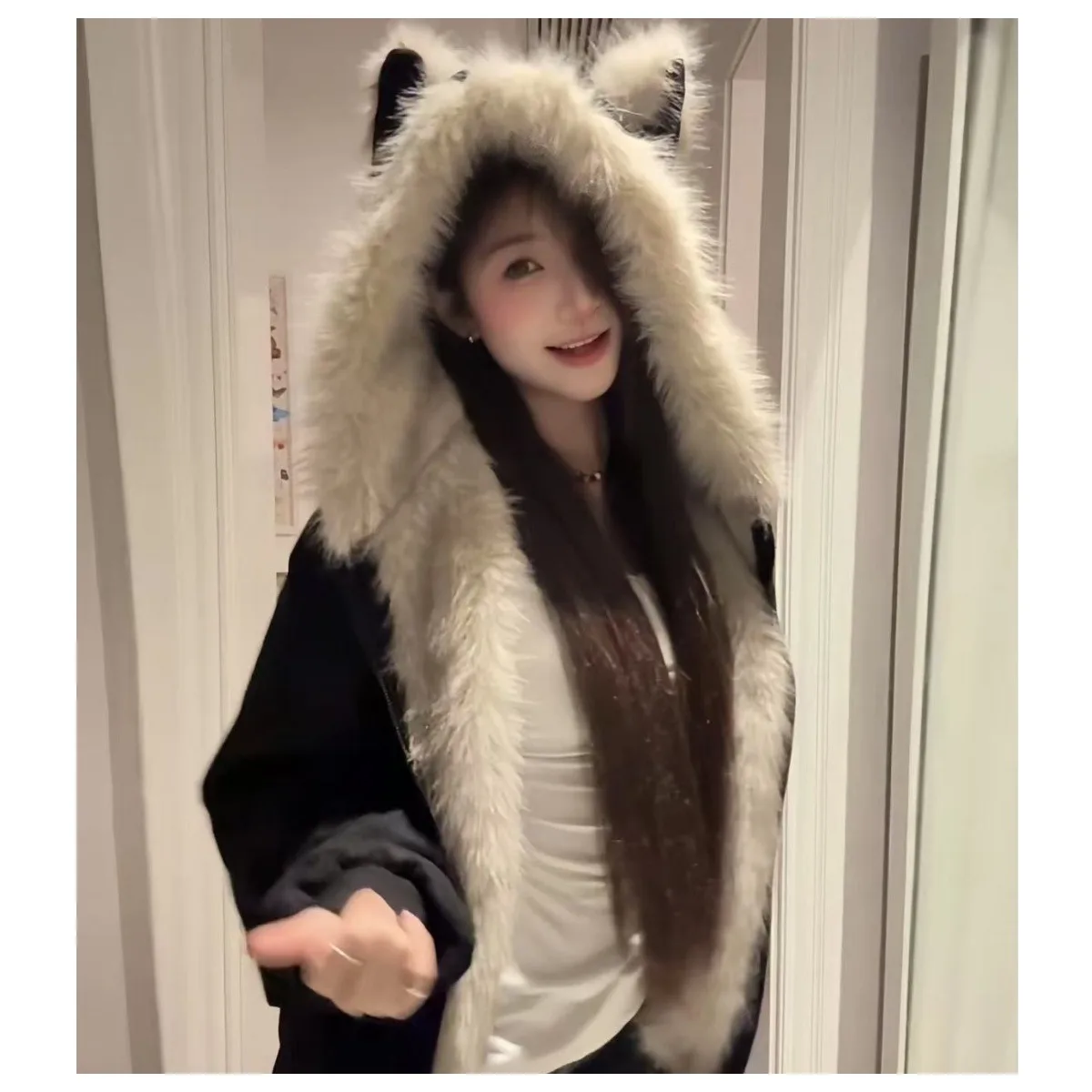 Amerykańska kurtka damska w stylu górskim z kapturem w kształcie kocich uszu (chleb w kształcie uszu kota na parze), ocieplana watą, z kołnierzem z futra, nowość.