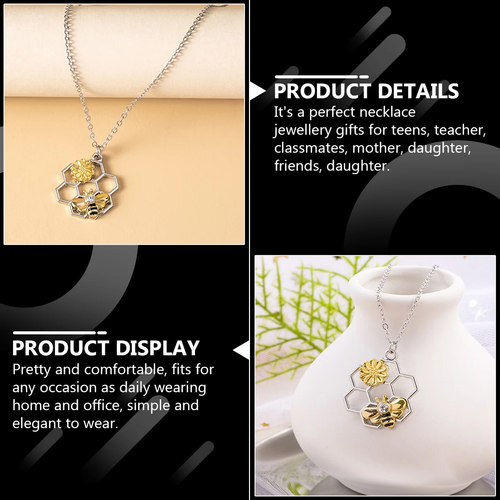 

1pc Golden Chain Necklace Bee Pendant Rhinestone Honeycomb Jewelry Gift For Women Creative Hexagon Alloy Valentine Wedding