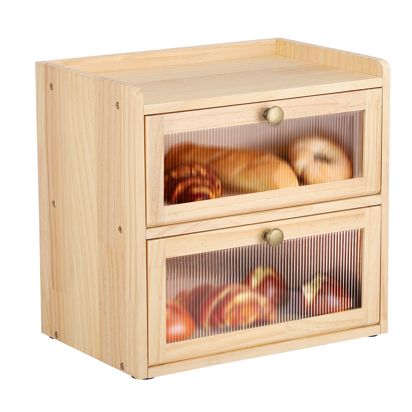 Bread Box for Kitchen Countertop Wooden Bread Storage Container Bin 2 Layer Breadbox Holder Food Organizer Pantry Shelf