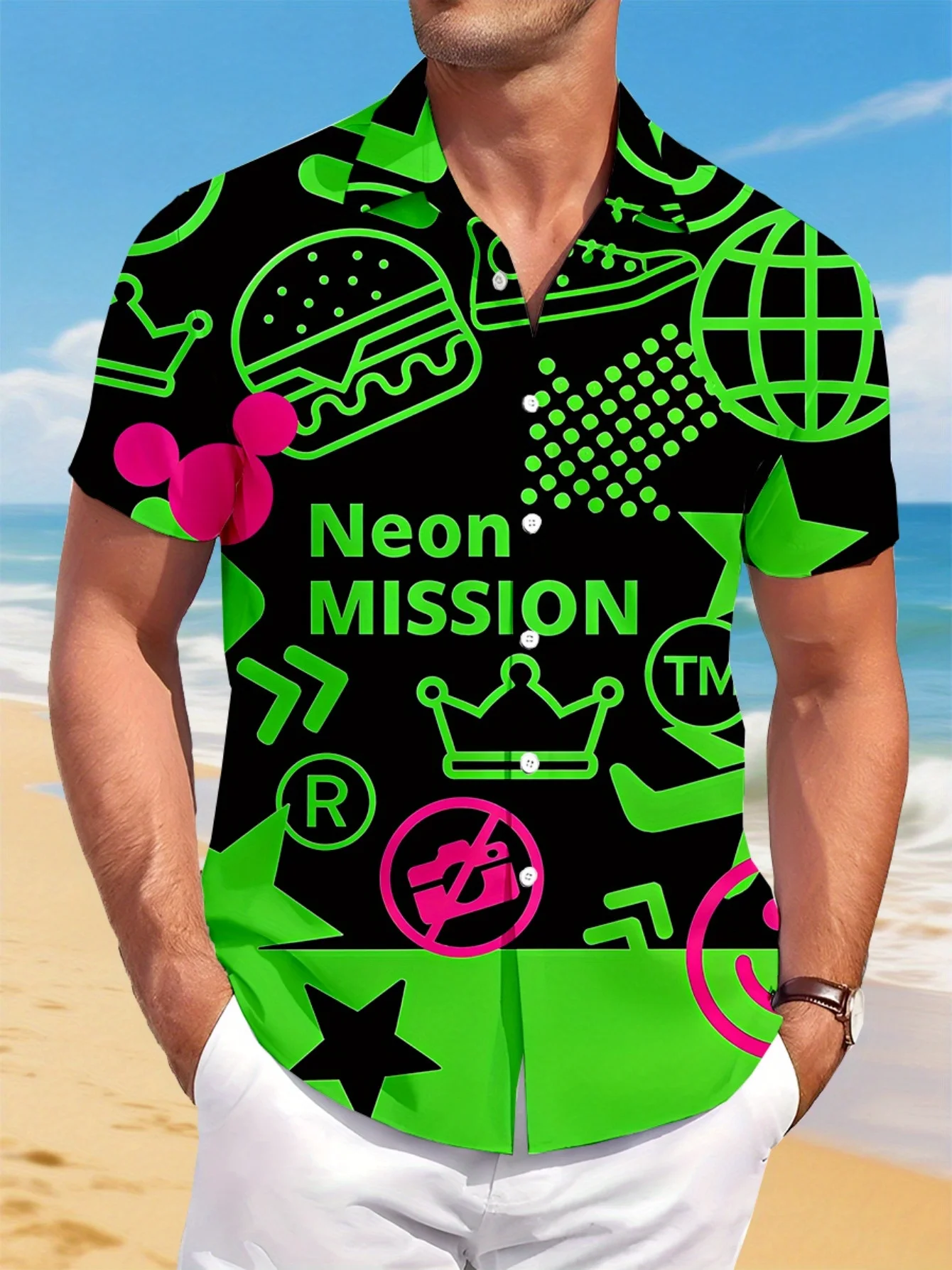 

Men's Lightweight Shirt - Black with Neon Accents (Green/Bright Colors) - Hawaiian & Formal Casual Button-Up - Non-S