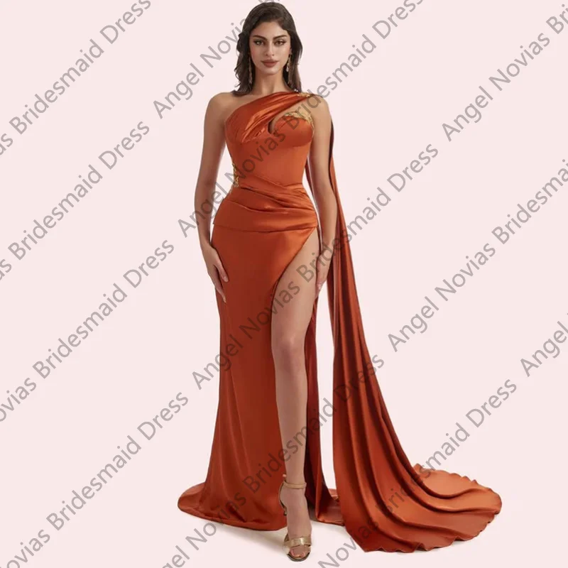 Customized Long Burnt Orange Mermaid Bridesmaid Dresses with Side Skirt Wedding Party Dresses Vestidos Casamento Madrinha