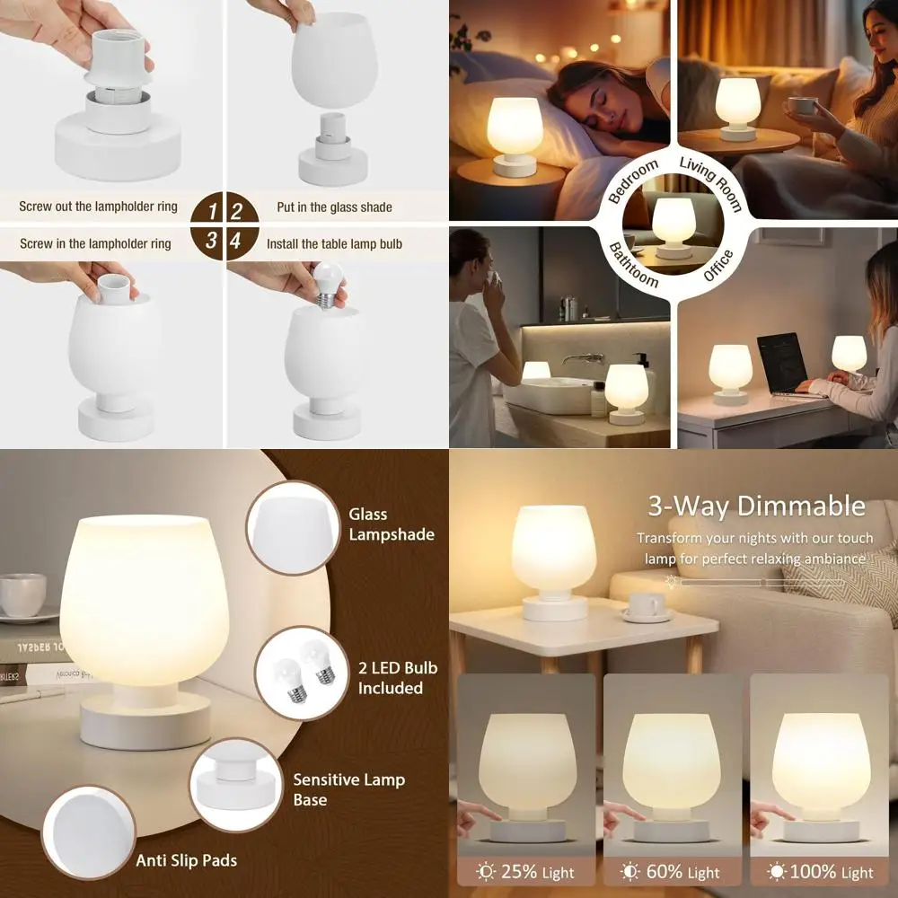 Set of 2 Small Bede Table Lamps for Bedroom, Living Room, or Desk with White Glass Shade, 3-Way Dimmable, LED Bulbs, Ideal for S