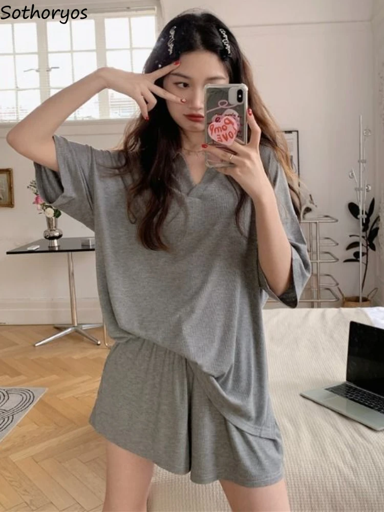 Pajama Sets Women Solid Simple Sweet Students All-match Summer Basics Home Creativity Vintage Korean Style Tender Delicate Ins