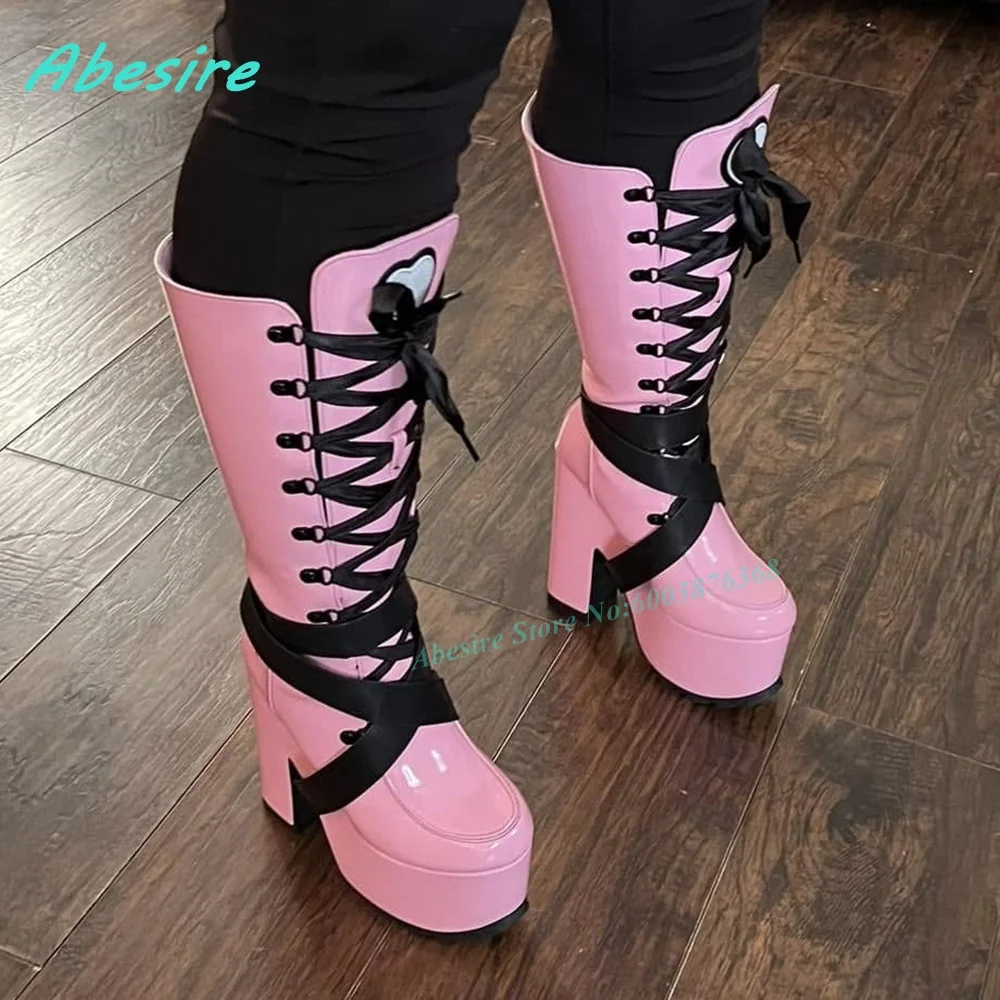 Pink Patent Leather Knee High Boots Chunky Heel Cross Wrap Strap Heart Decoration Women's Boots Sweet Gothic Lolita Punk Shoes