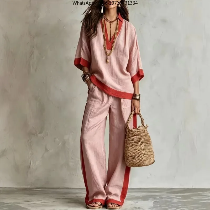 Women Boho Color Block Linen 2 Piece Set V Neck Loose Top Wide Leg Pants Summer Casual Outfit