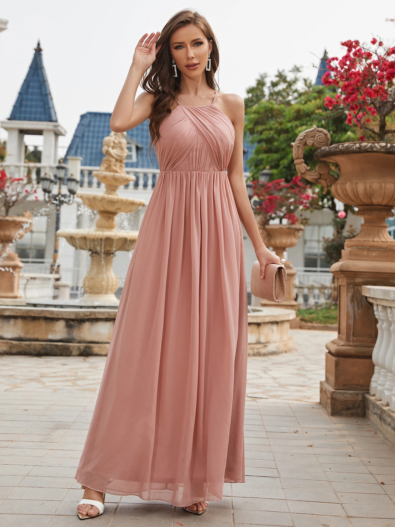 Unithorse Pink Sleeveless O-Neck Ruffled Chiffon Bridesmaid Dress