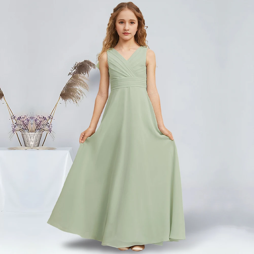 Elegant A-Line V-Neck Floor-Length Chiffon Junior Bridesmaid Dresses Celadon Gorgeous Flower Girl Dresses Party Wedding Kids