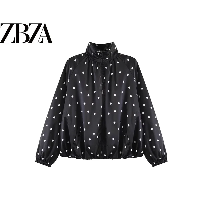 Loose Polka Dot Print Long Sleeve Coat for Women Casual Style Commute Wind Resistant Stand Collar Ball Jacket Polyester Fiber