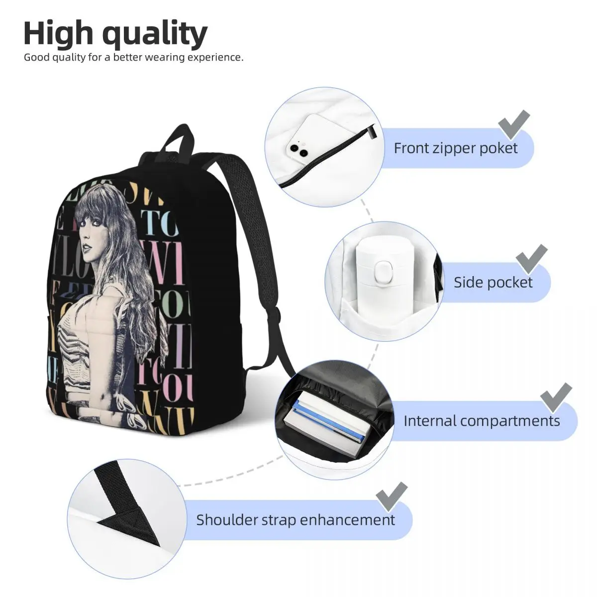 A mochila Eras Tour Cool com bolso, bolsas para laptop para homens e mulheres, mochila para caminhadas no ensino médio e viagem