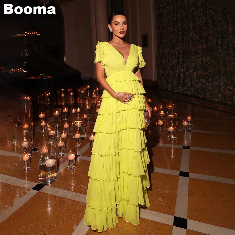 

Booma Yellow A-Line Prom Dresses V Neck Tiered Chiffon Formal Party Gowns for Pregnant Woman Short Sleeves Long Evening Dresses