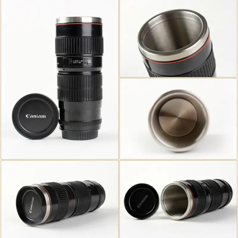 400/440ml Camera Lens Water Cup Coffee  Creative   Stainless Steel Liner SLR   Non-slip Insulation