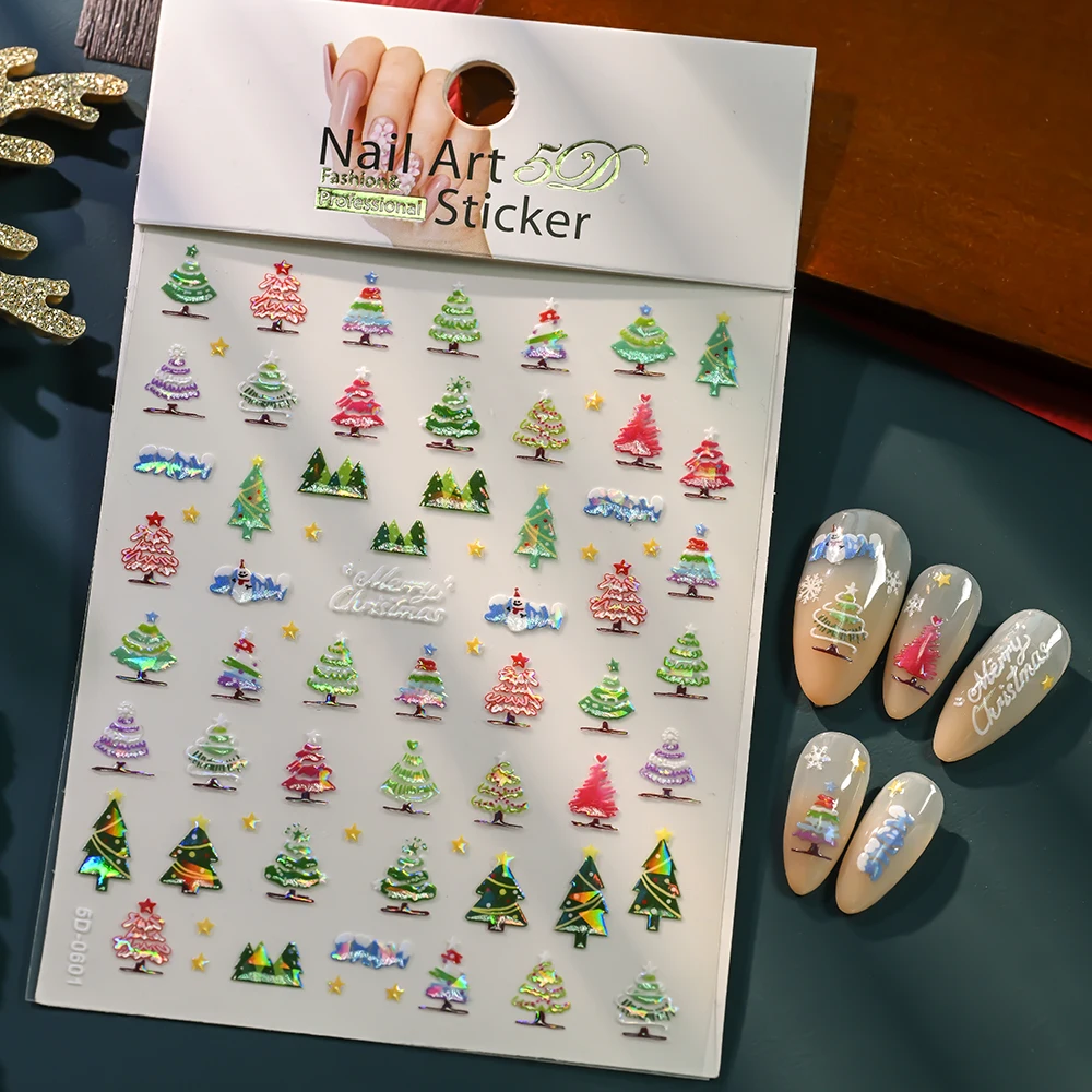Pegatinas 5D para decoración de uñas de árbol de Navidad, calcomanías autoadhesivas de árbol de Navidad de dibujos animados, deslizadores de invierno de Año Nuevo, decoración de manicura DIY, 2 uds.