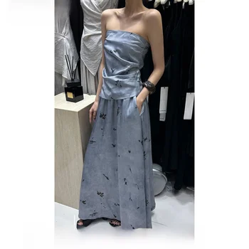 우아한 하이 엔드 Strapless Topsuit 2024 여름 캐주얼 하이 웨이스트 스커트 세련된 2 피스 세트 여성