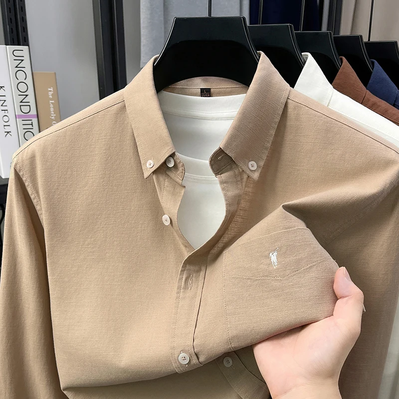 Spring and Autumn New Cotton Long Sleeved Shirt with Collar for Business and LeisureLoose Fitting Men's Embroidered Shirt