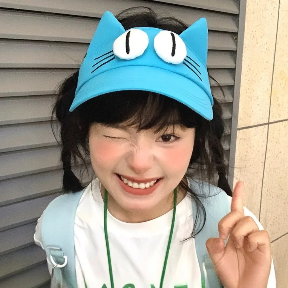 

Sun Protection Big Eyes Cat Visor Cap Quick-drying Fabric Adorable Kitty Hollow Hat Creative Funny Cat Ears Sun Hat Outdoor