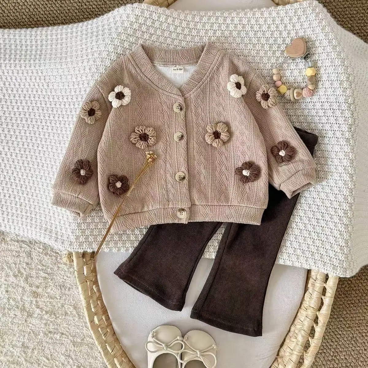 Children's Set Spring Autumn Simple 3D Small Flower Cardigan V-Neck Long Sleeve Pants Baby Girl Clothes 2Pcs