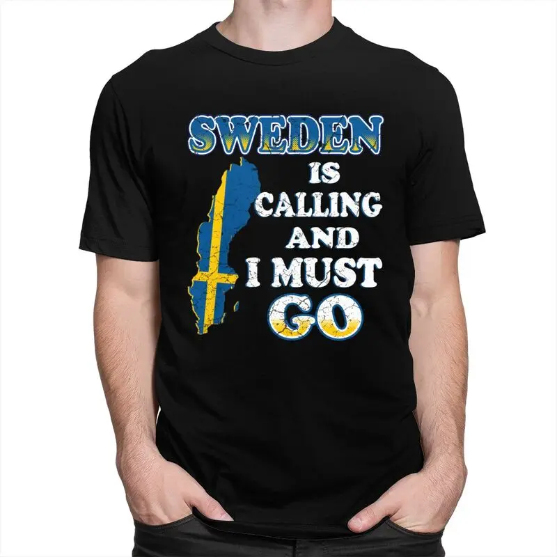 Mens Sweden Is Calling T Shirt Short Sleeve Cotton Tshirts Valentine's Day Gift Casual Sweden Flag Tee Loose Fit Clothing