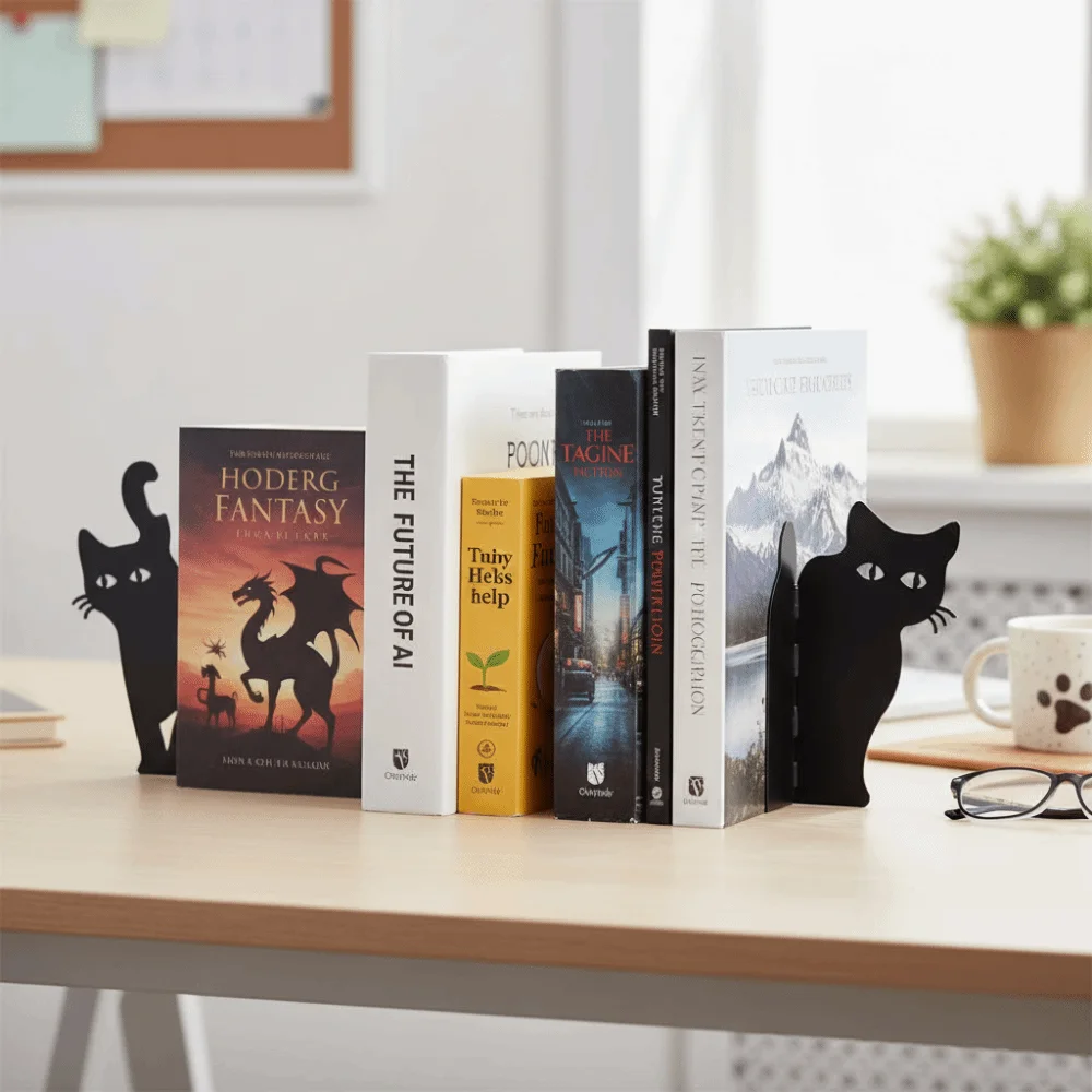 Versatile Metal Bookend Durable Iron Black Metal Cat Bookend Exquisite Creative Sitting Standing Cats Book Holder Home Library