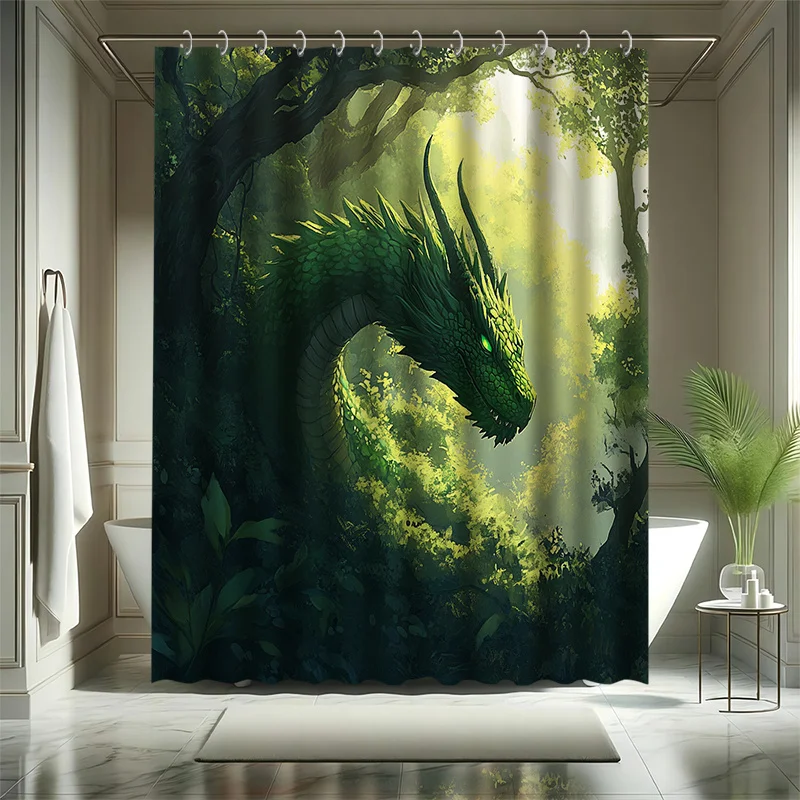 Jungle Green Dragon Shower Curtain Set - Fantasy Dragon, Full of Greenery, Polyester Fabric, Modern Bathroom Decor