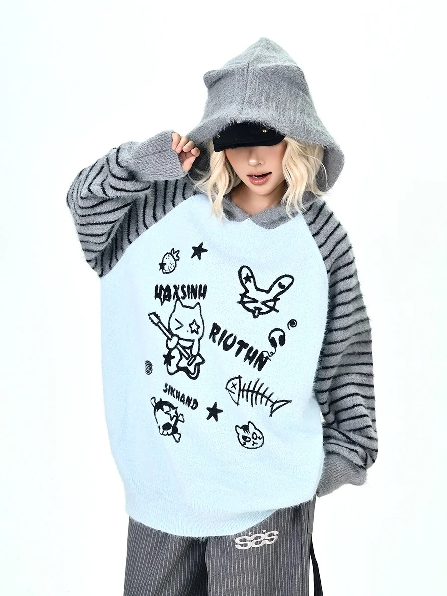 

Синяя мягкая толстовка с героями мультфильмов, женская свободная корейская толстовка BF, ленивый вязаный свитер, осеннее новое поступление, уличная теплая термобелье