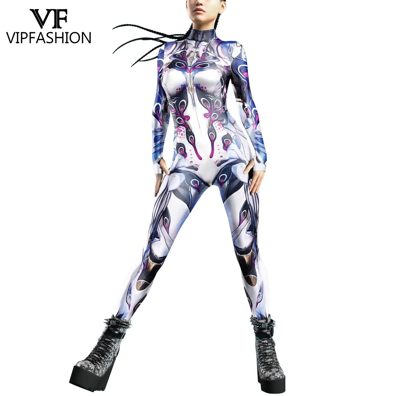 VIP FASHION Punk Costume for Women Front Zipper Carnival Party Zentai Bodysuit Female Robot Catsuit Purim Cosplay Clothes