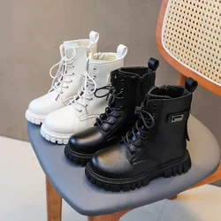 Girls Fashion Boots Kids Black Boots Motorcycle Tide British Style Kids Rubber Boots 2024 Autumn Winter Warm with Metal Buckle