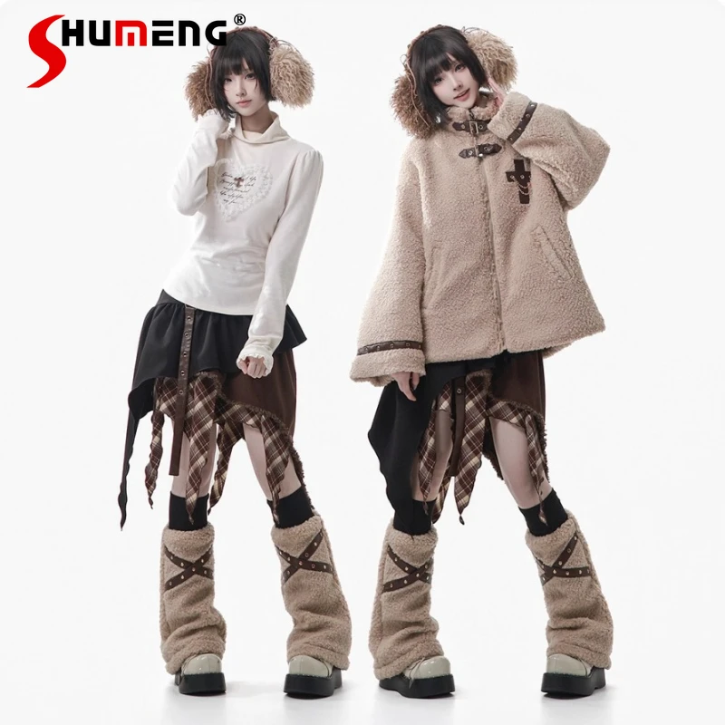 Original Punk Winter Warm Plush Jacket College Style Student Sweet Cool Fashion Faux Fur Coat Irregular Skirt Top Leg Warmers