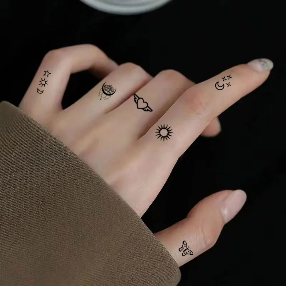 30pcs Black Waterproof Finger Tattoo Stickers Stars Moon Leaves Small Patterns Temporary Tattoo Stickers For Men And Women