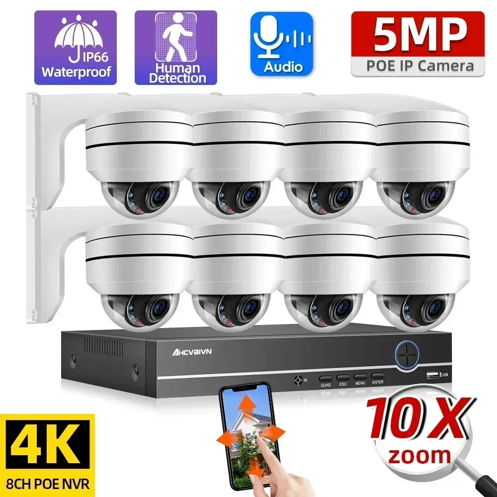 4K NVR POE 8CH With PTZ Zoom Camera Kit 5MP Human Detection 10X Zoom POE Security Camera Set Audio CCTV Video Surveillance Kit