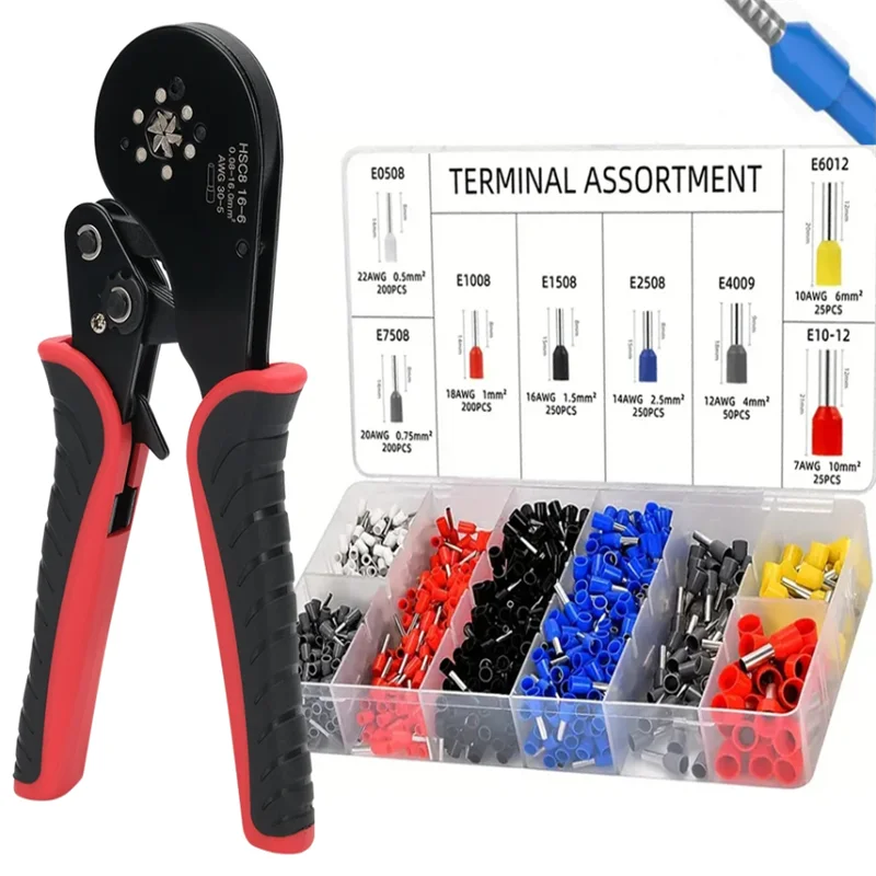 Crimping Pliers Ferrule Sleeves Tubular Terminal Tools HSC8 6-4 16-6 Wire Crimper Household Electrical Sets 1200pcs Terminal