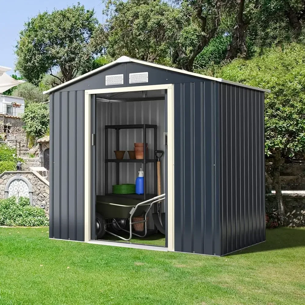 7' x 4' Metal Outdoor Storage Shed with 4 Vents and Double Sliding Doors for Garden, Patio, and Lawn