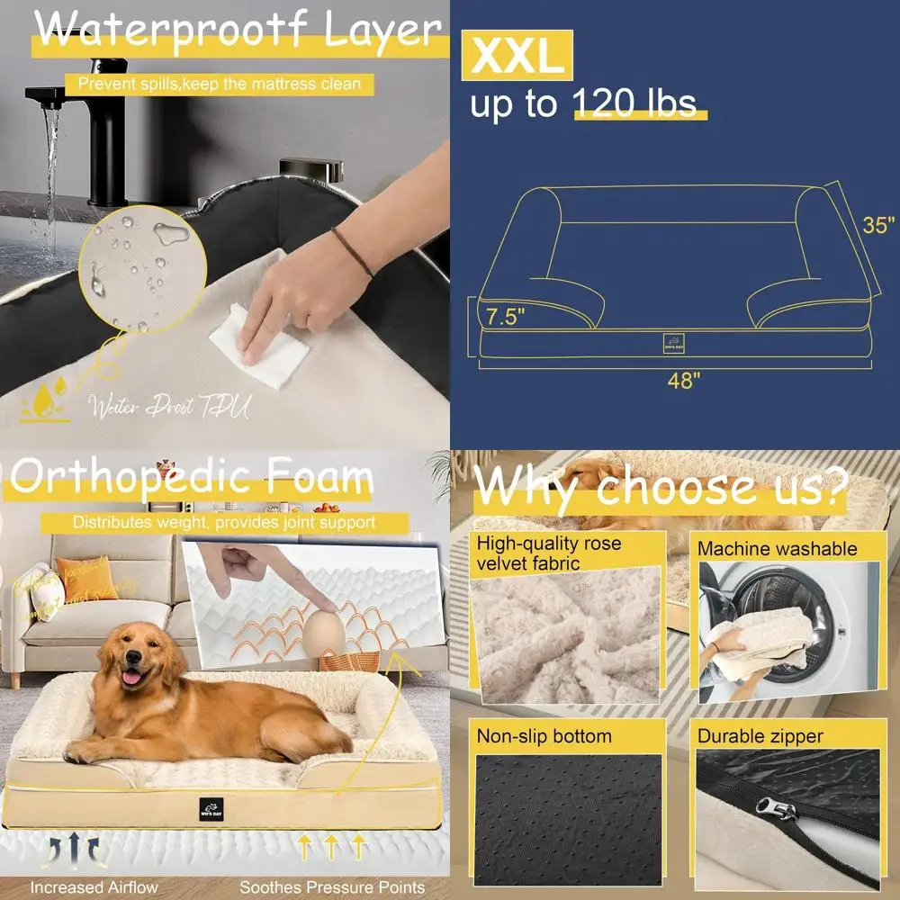 

Ортопедическая лежанка для собак из пены с эффектом памяти, очень большая, со съемным чехлом, моющаяся и водонепроницаемая, бежевая, XXL