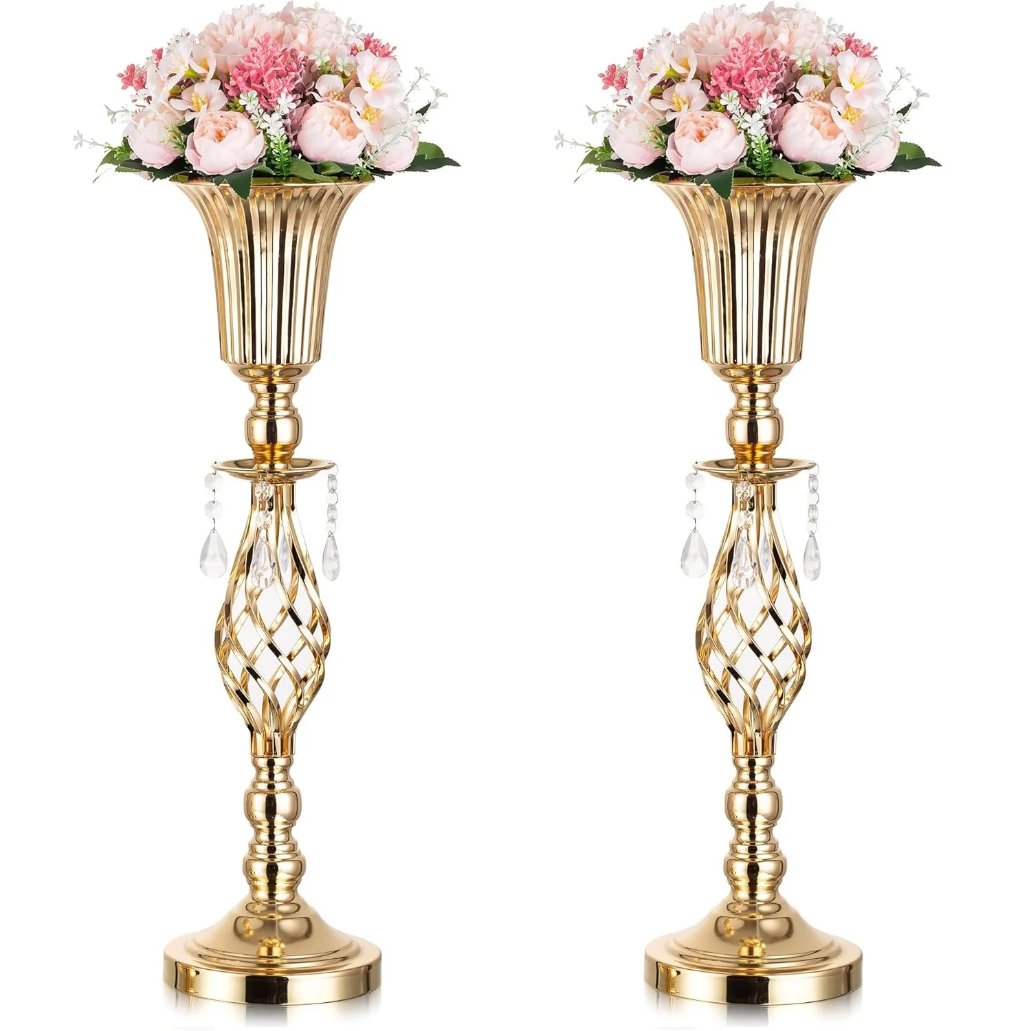 2/10 Pcs Elegant Metal Floral Vase, Beaded Crystal Golden Trumpet Crown Vase for Wedding Banquets  Birthday Centerpieces