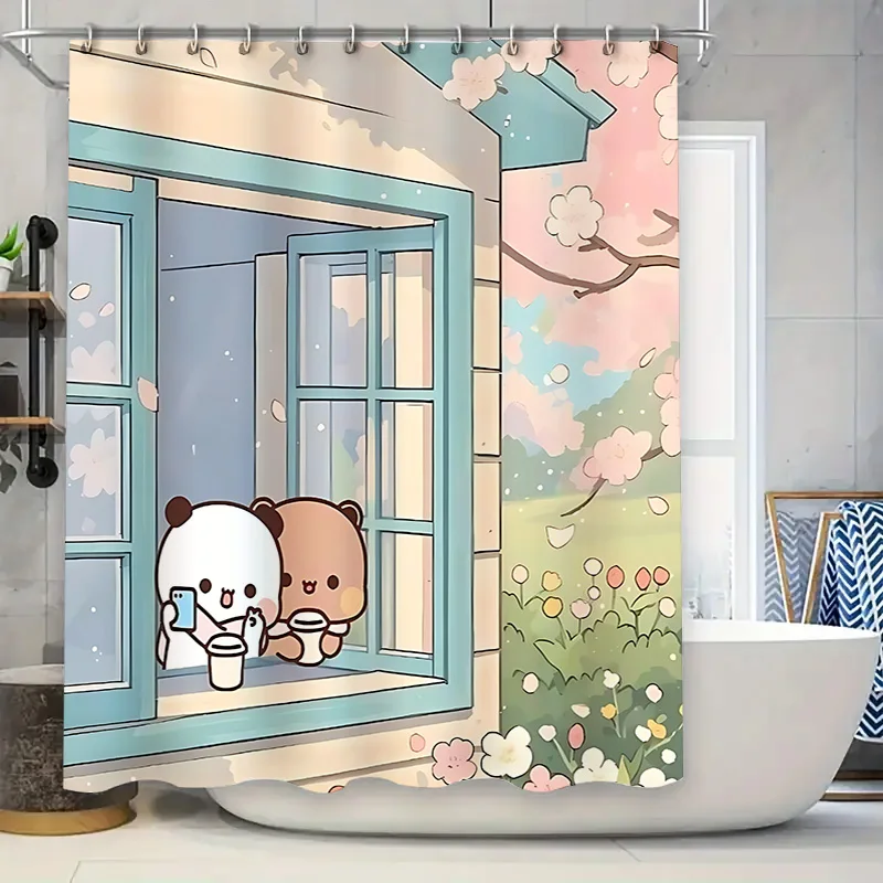 

Занавеска для душа с милыми мультяшными животными для декора ванной комнаты — «Причудливые медведи и цветы», водонепроницаемая, прочная, повышающее пространство
