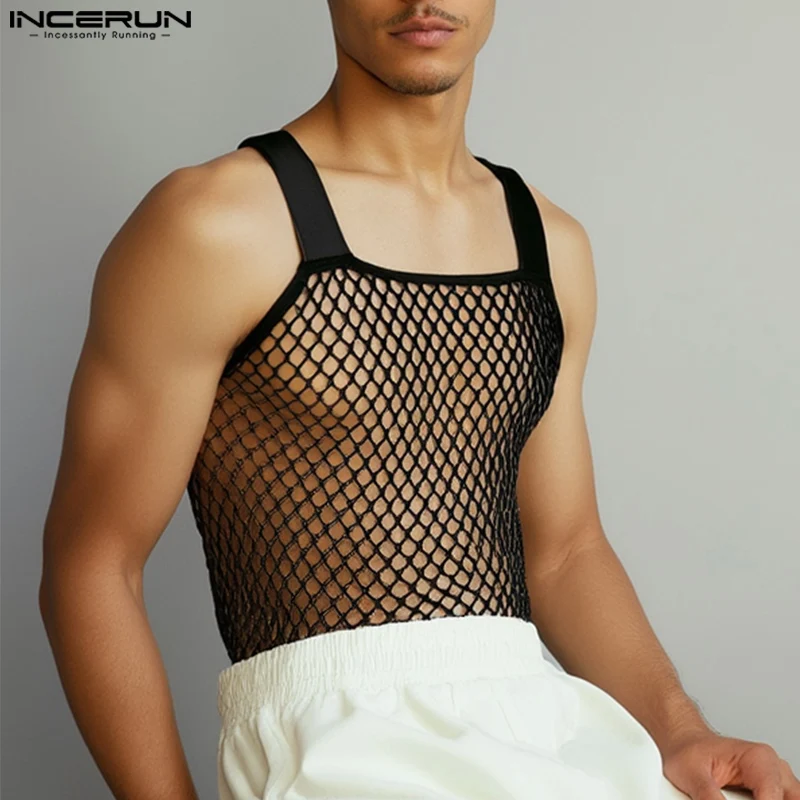 

INCERUN Men Tank Tops Mesh Hollow Out See Through Sexy Solid Color Male Vests Summer Streetwear 2025 Fashion Men Clothing S-3XL