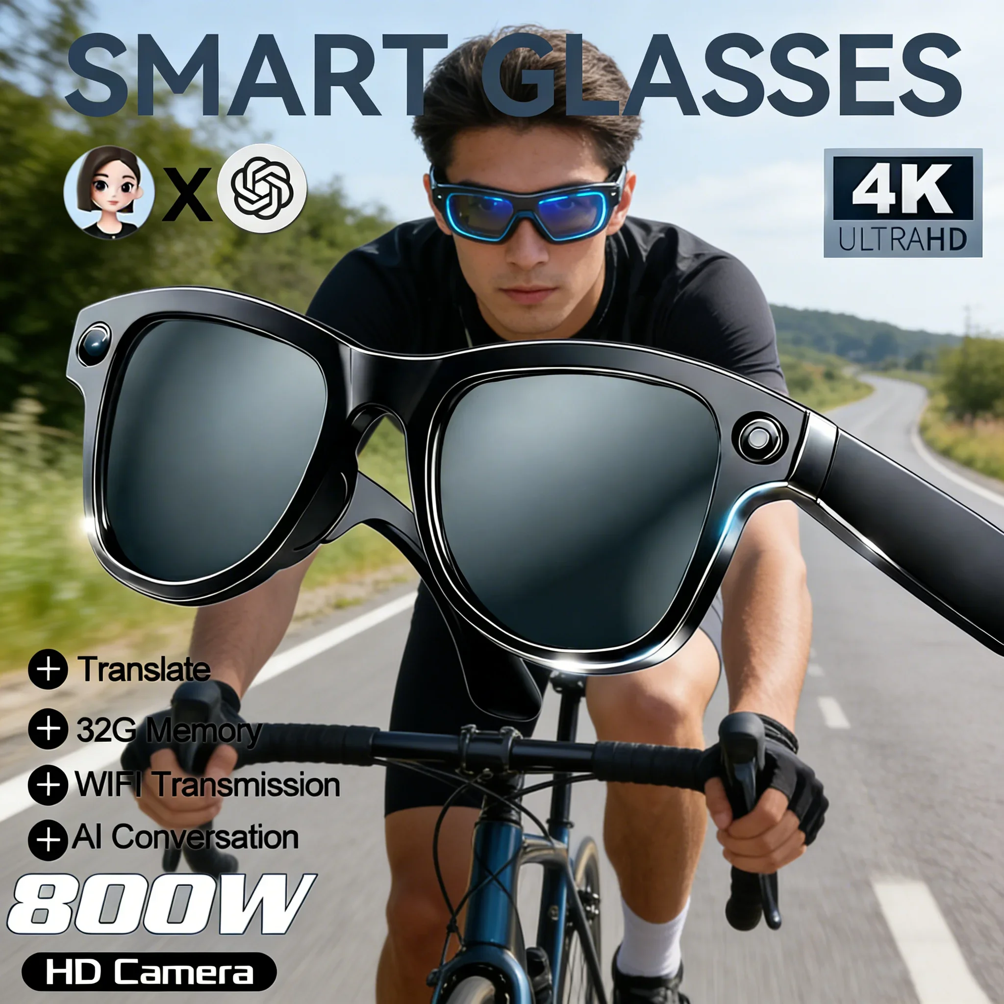 

4K HD AI Smart Glasses for Men 800W Video Recording 290mAh Battery 120 Languages Translation Built-in Music Player with Camera