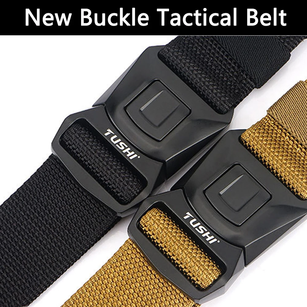 TUSHI New Tactical Belt for Men Nylon Metal Automatic Buckle Police Duty Military Belt Outdoor Girdle Casual Elastic Belt Male