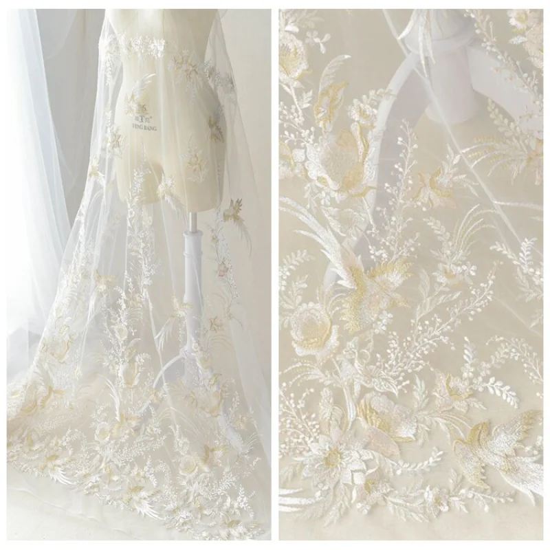 

Embroidered Lace Mesh Fabric for DIY Sewing Handmade Wedding Dress Performance Costume Accessories Clothing Material Cloth