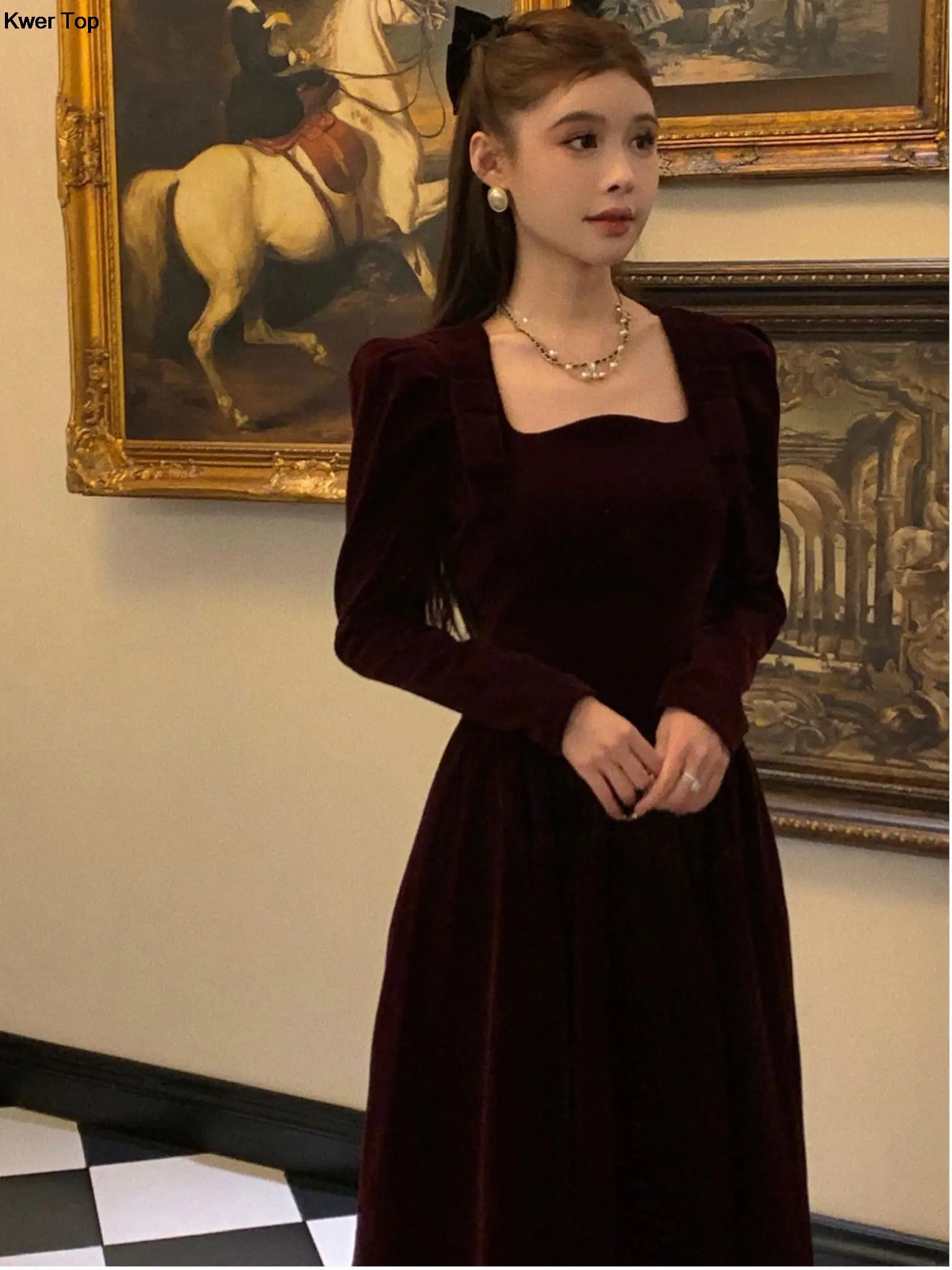 Autumn Winter Vintage Christmas Red Velvet Dress French Elegant Square Collar Evening Party Prom Vestidos Women Clothes