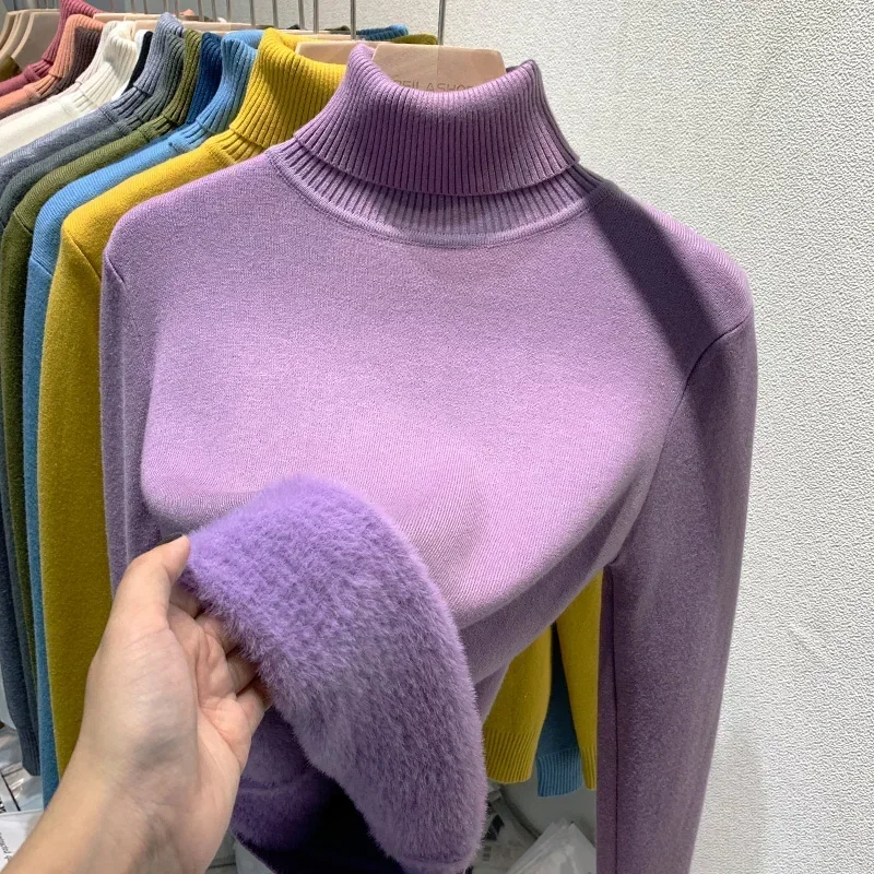 Half Turtleneck Sweater Winter Slim Thicken Knitwear Jumper Woman Soft Knit Pullovers Casual Plush velvet Lined Warm Tops