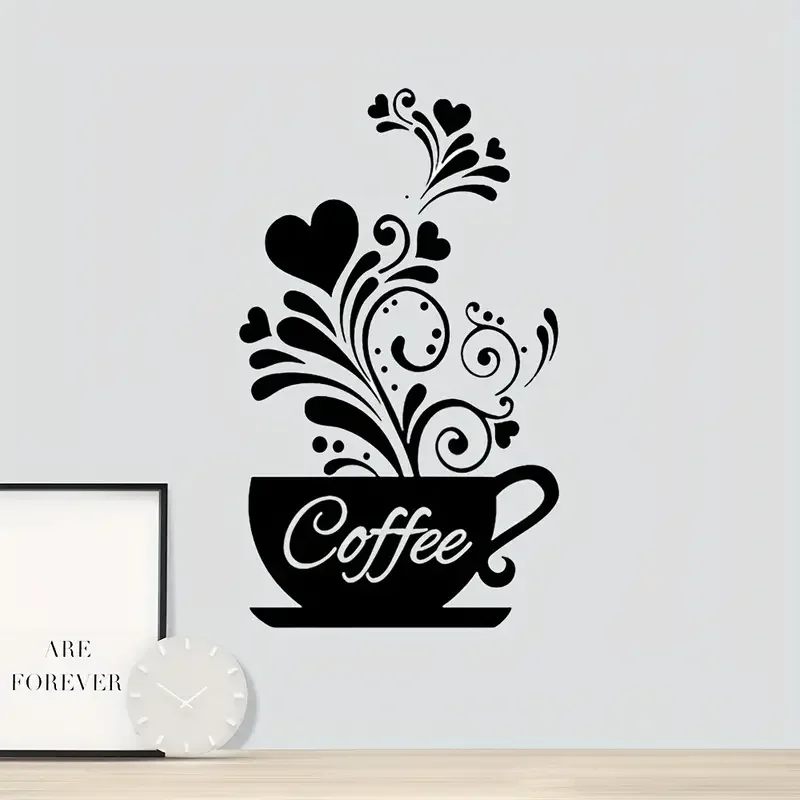 1 Blatt, Wandaufkleber mit schwarzem Blumen- und Kaffeemuster, selbstklebender Wandaufkleber für das Wohnzimmer, abnehmbare Wandaufkleber, Heimdekoration