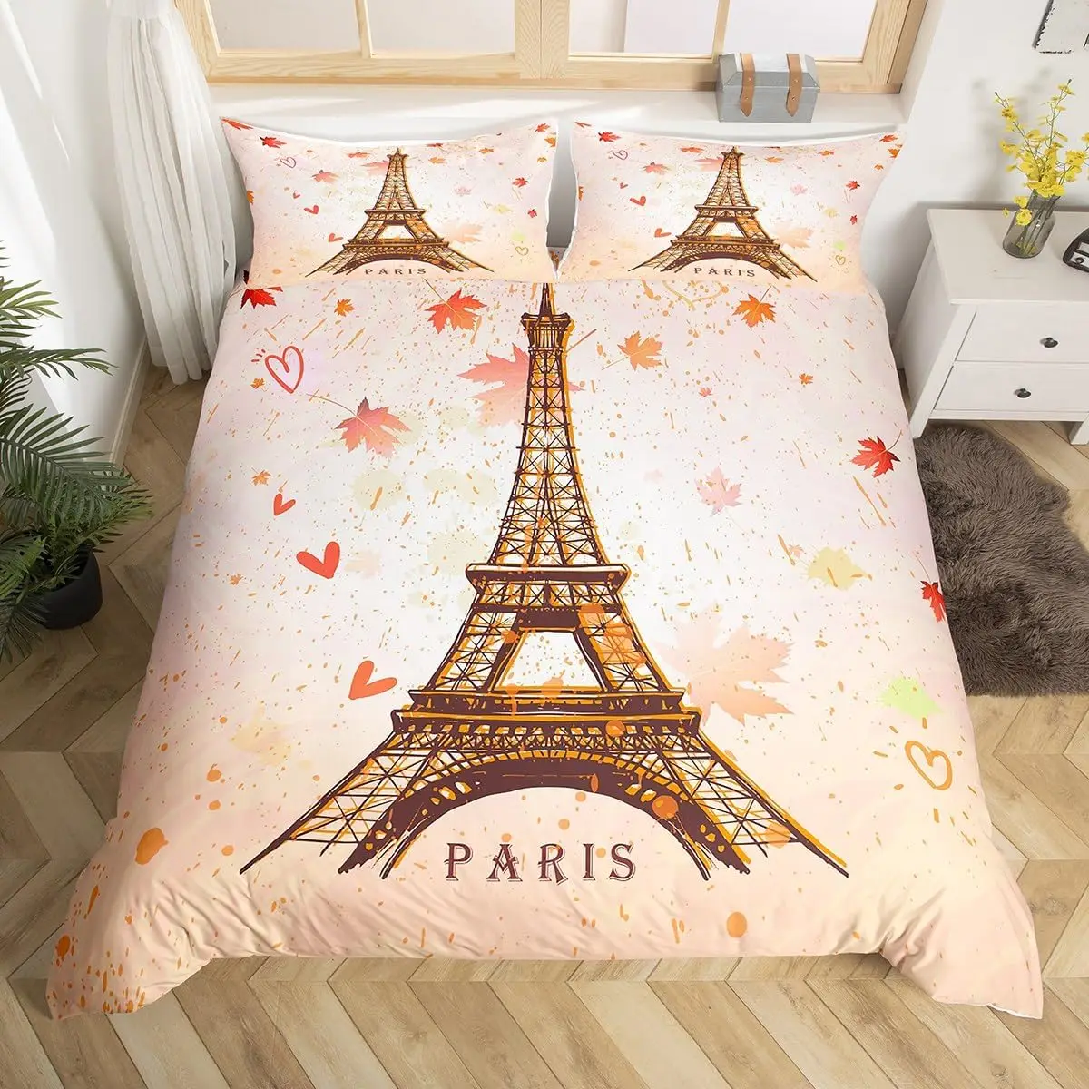 Eiffel Tower Duvet Cover Twin King Rustic Farmhouse Maple Leaves Comforter Cover Microfiber Romantic Theme Bedding Set 2/3 Piece