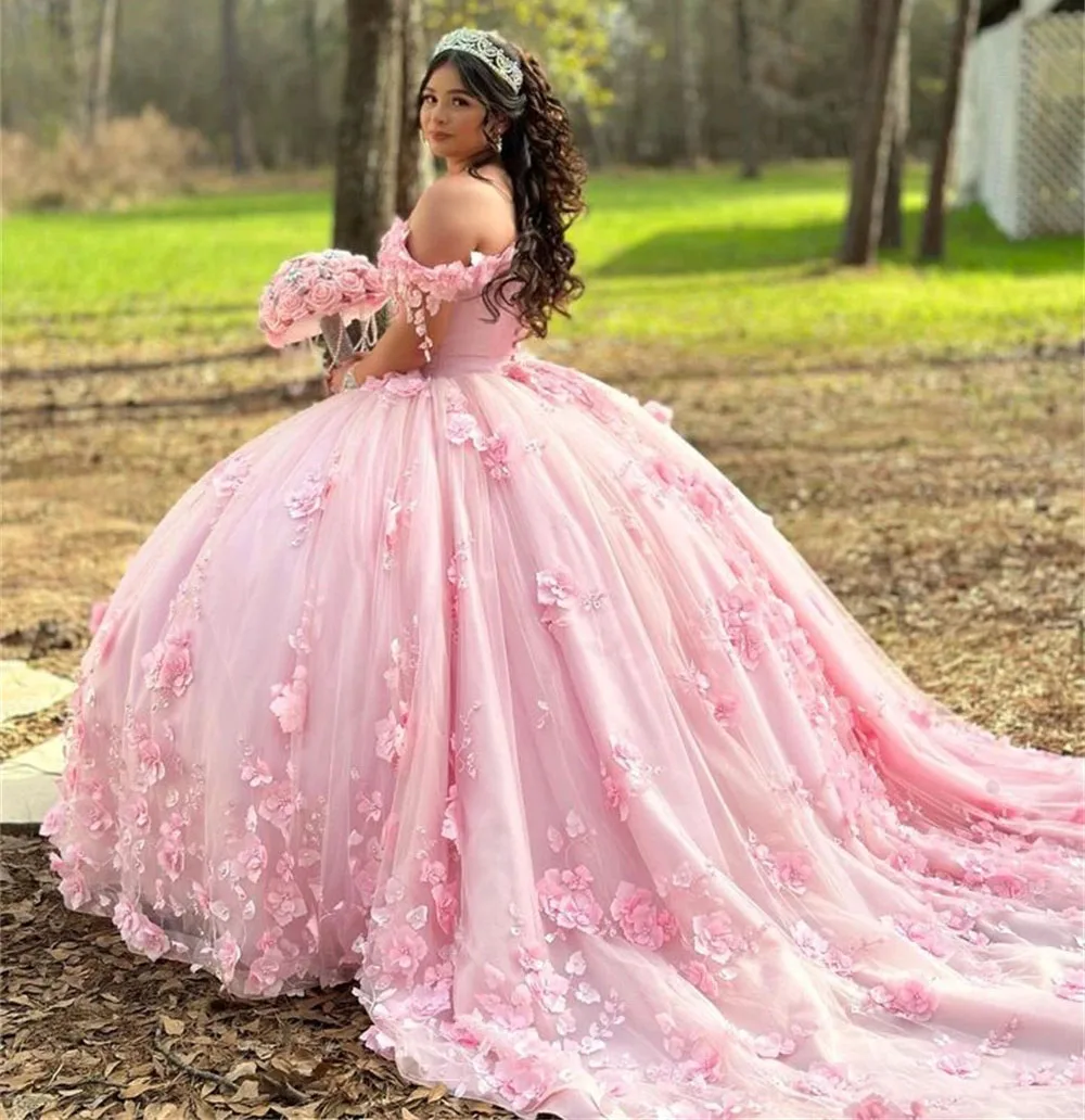 Розовые платья Quinceanera, бальное платье с открытыми плечами, тюлевые платья с цветочным принтом Sweet 16, 15 лет, по индивидуальному заказу