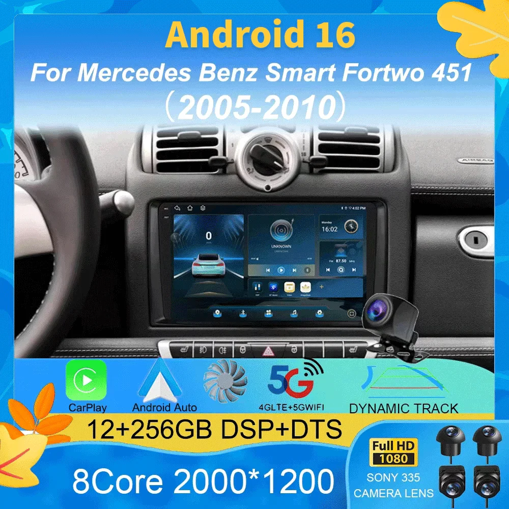 

Android 16 Auto Radio Wireless CarPlay for Mercedes Benz Smart Fortwo 451 2005 - 2010 Car Player GPS 2 din autoradio