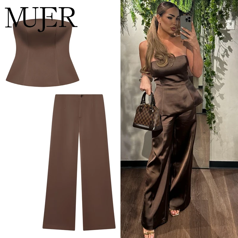 MUJER Büro-Satin-Hose für Damen, 2-teilig, gerade Baggy-Hose, Damen-Outfit, hohe Taille, Damenhose, Anzughose, Damen-Sets