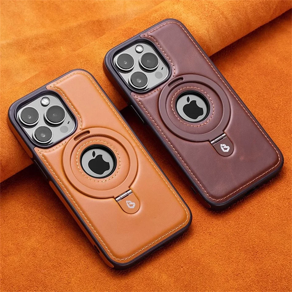 Luksusowe etui skórzane z magnetycznym ukrytym uchwytem pierścieniowym i bezprzewodowym ładowaniem MagSafe do iPhone'a 12 13 14 15 16 17 Pro Max z wydrążoną obudową. — zdjęcie produktu 2