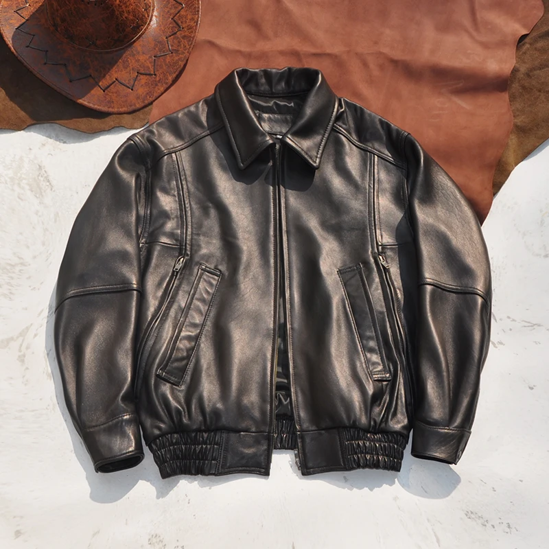 

Japanese Sle Loose Casual Real Leather eepskin Jaet Vintage Biker Collar Coat for Men And Women Faion Urban Youth